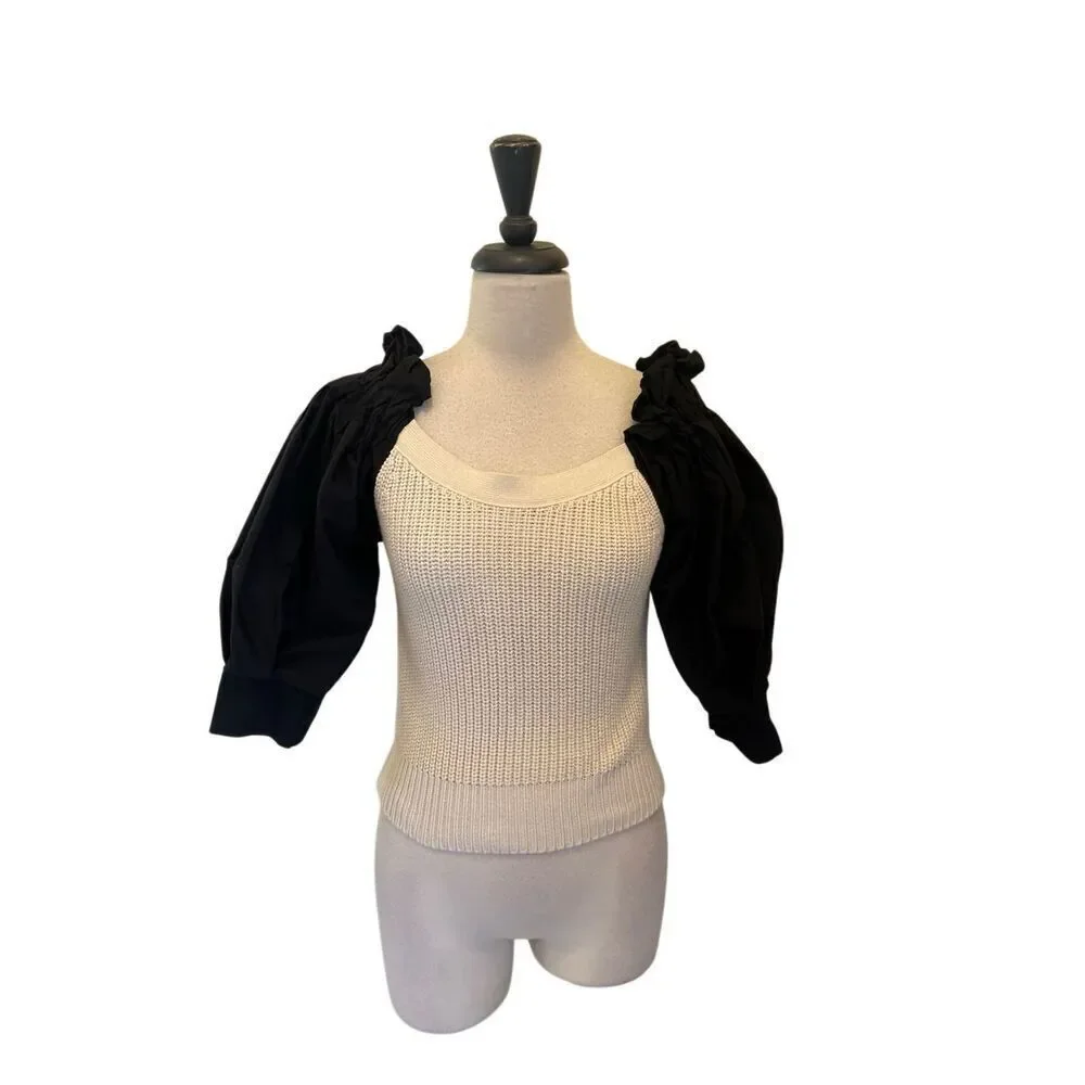 Zara Women's Puff Sleeve Contrast Ribbed Knit Blouse Black White Size Medium